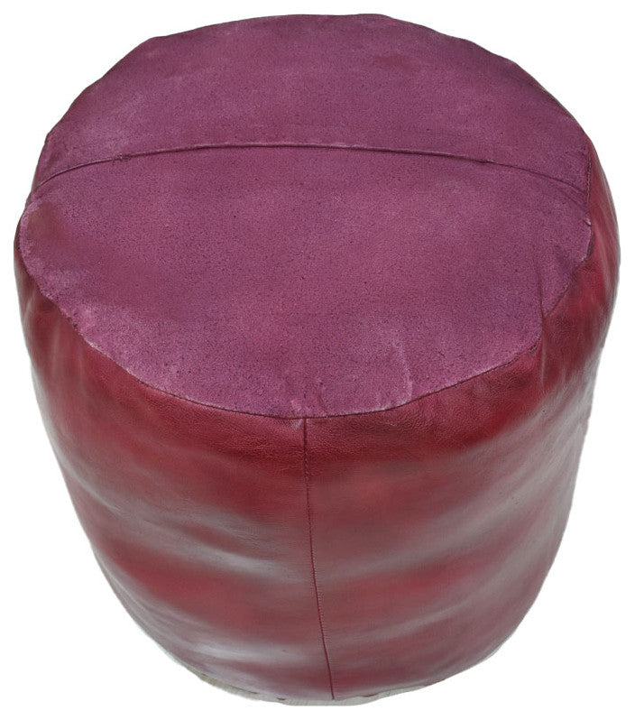 Pouf-Solid Handmade Leather Pouf (Recycled Foam with Fiber Fill), Dark Pink, (Round)18x18x18