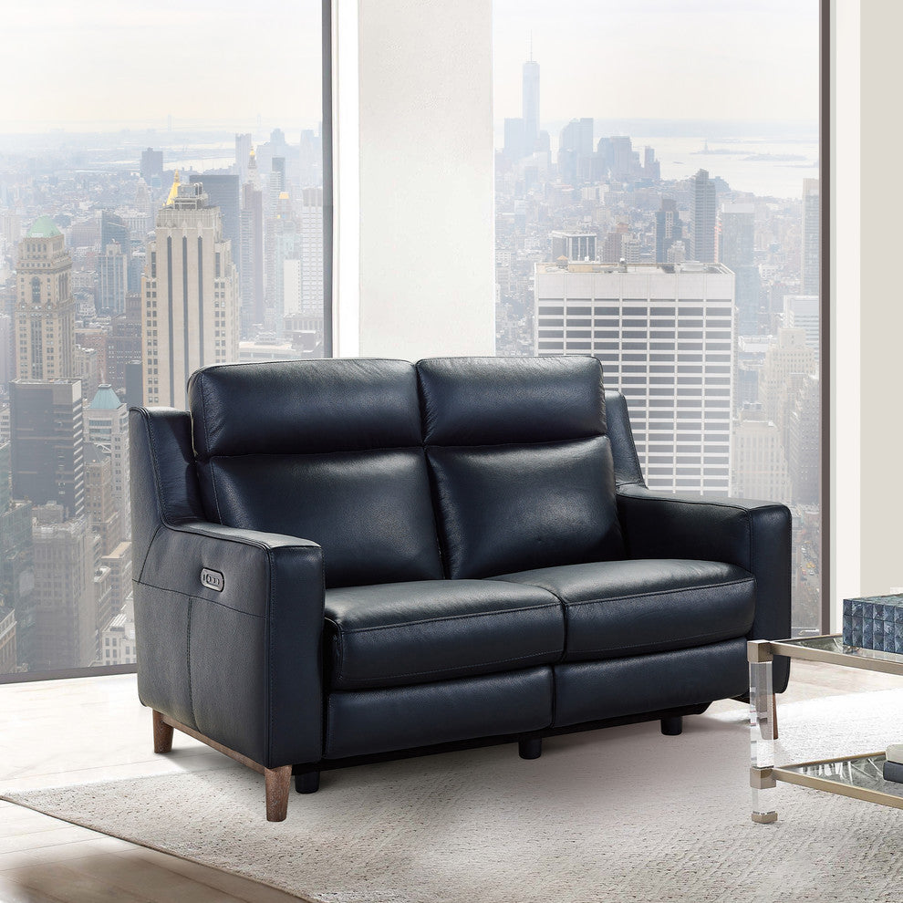 Wisteria Loveseat In Light Brown Wood Finish And Black Genuine Leather