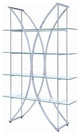 Elegant Bookcase, Chrome Metal Frame With Curved X-Accent & Clear Glass Shelves
