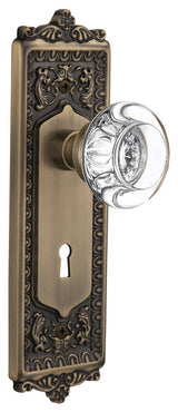 Double Egg & Dart Plate With Round Clear Crystal Knob, Antique Brass