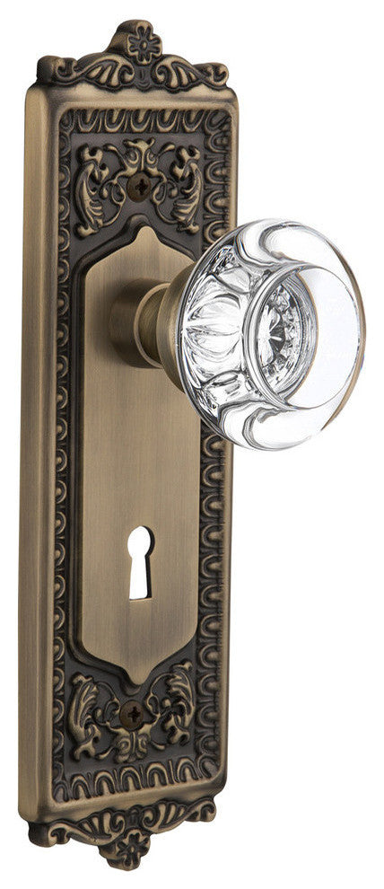 Double Egg & Dart Plate With Round Clear Crystal Knob, Antique Brass