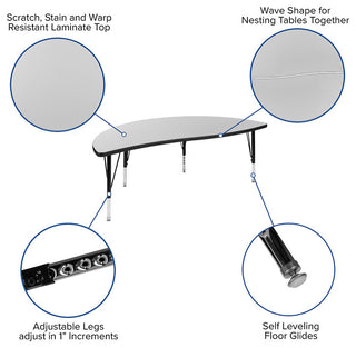 3 Piece 86" Oval Wave Activity Table Set - Height Adj. Short Legs, Grey
