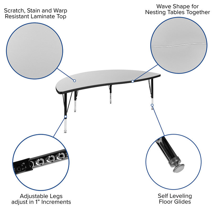 3 Piece 86" Oval Wave Activity Table Set - Height Adj. Short Legs, Grey