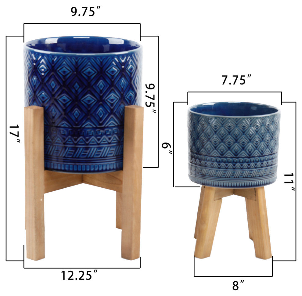 10" and 8" Illuminati Ceramic Planter On Wood Stand,Set of 2