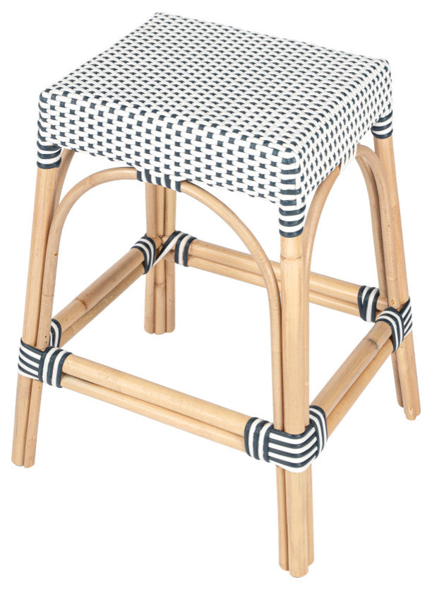 Robias Rectangular Rattan 24.5" Counter Stool, Navy and White