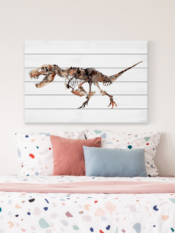 "Big T-Rex Skeleton" Painting Print on White Wood, 18x12