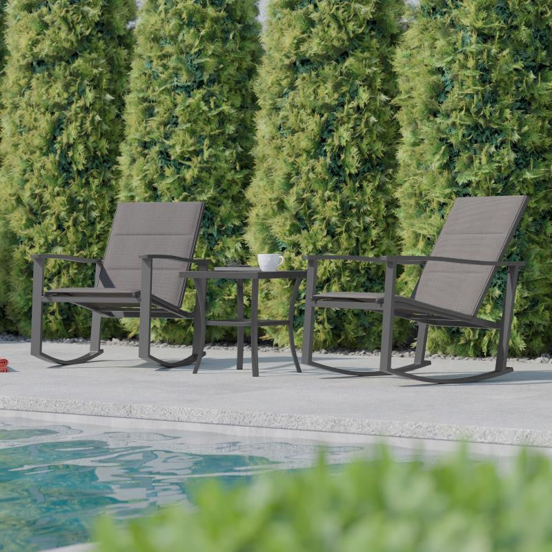 Brazos 3 Piece Outdoor Rocking Chair & Glass Top Table Set, Gray/Black