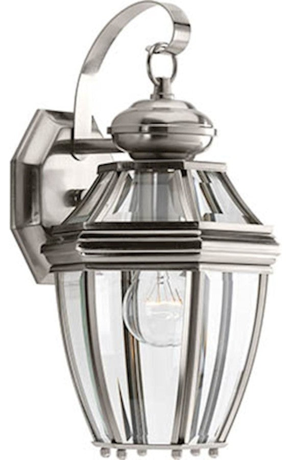 New Haven 1-Light Outdoor Small Wall Lanter Brushed Nickel Clear Beveled Glass