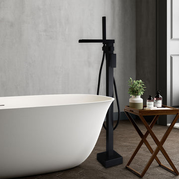 Modern Waterfall Freestanding Bathroom Bathtub Faucet Floor Mount Tub Filler, Matte Black