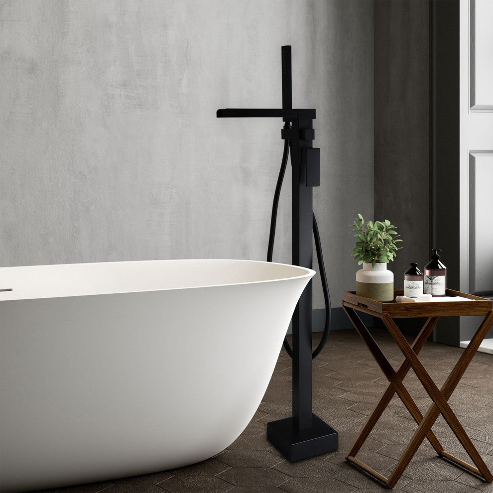 Modern Waterfall Freestanding Bathroom Bathtub Faucet Floor Mount Tub Filler, Matte Black