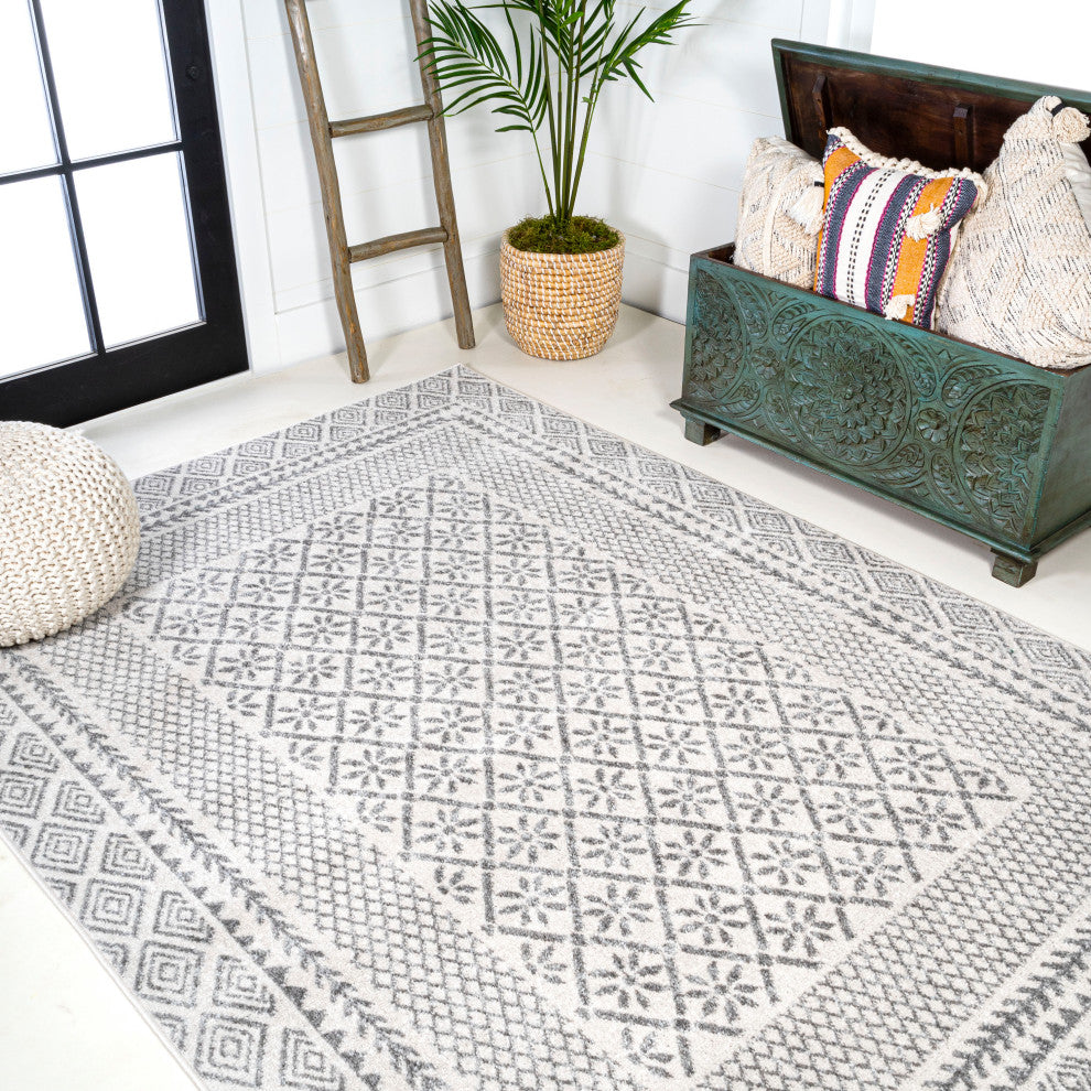 Athens Modern Geometric Boho Rug Gray/Cream 5 ft. x 8 ft. Area Rug
