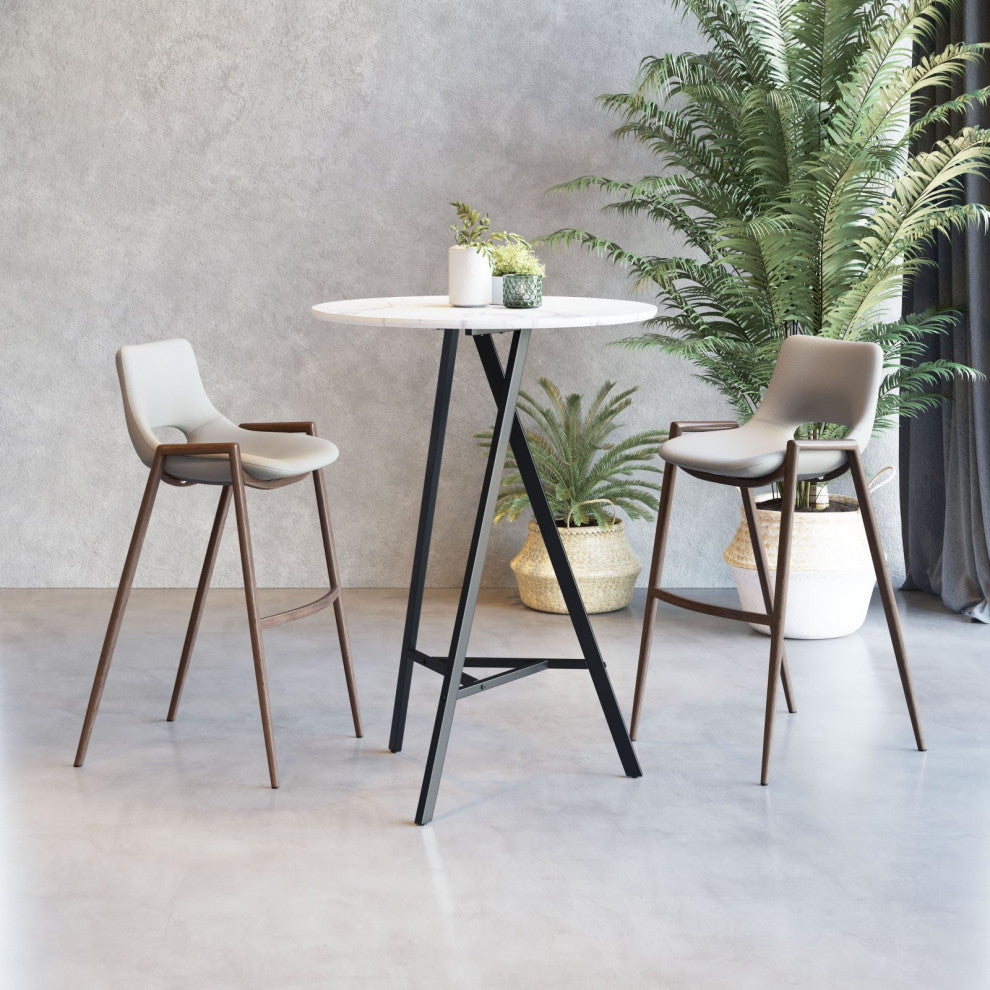 Bar Stool Chair Barstool, Set of 2, Faux Vinyl Leather, Steel, Beige, Walnut