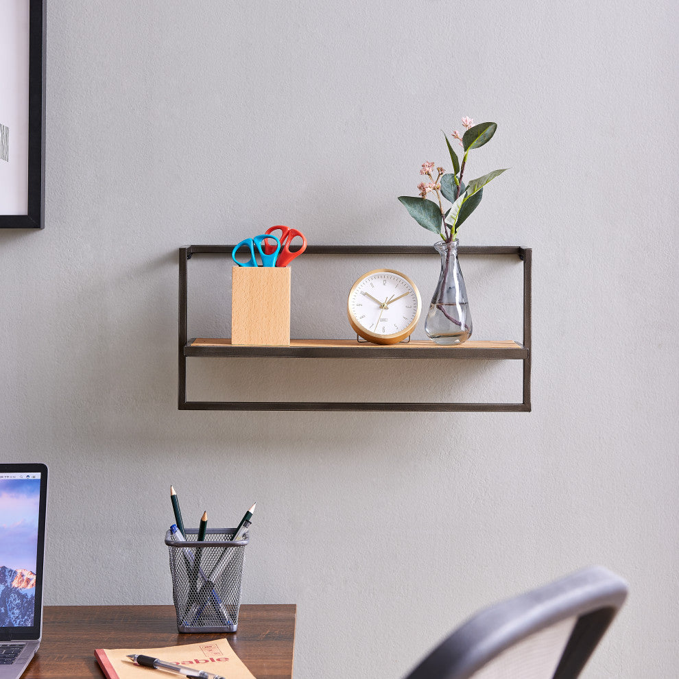 Floating Industrial Modern Rustic Wood Shelf on Metal Frame With Towel Bar