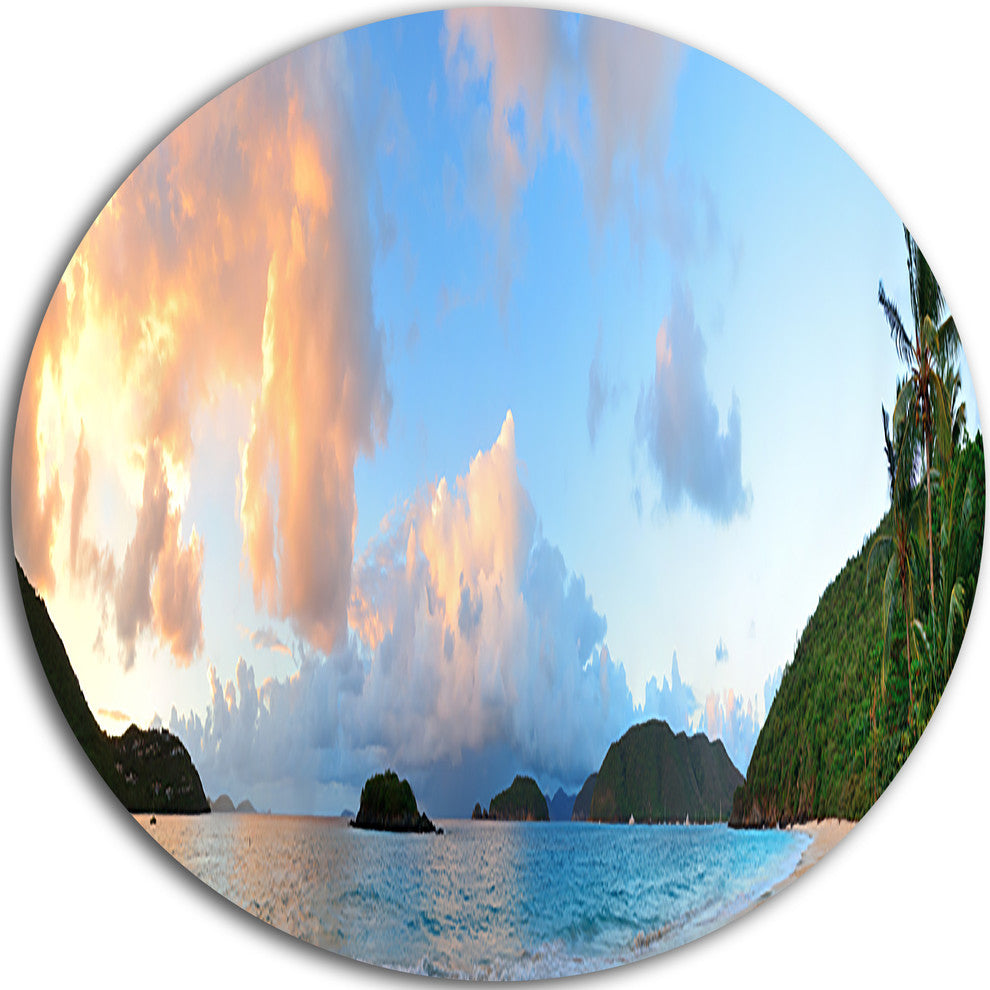 Beach Sunset With Clouds, Landscape Photo Round Metal Wall Art, 23"