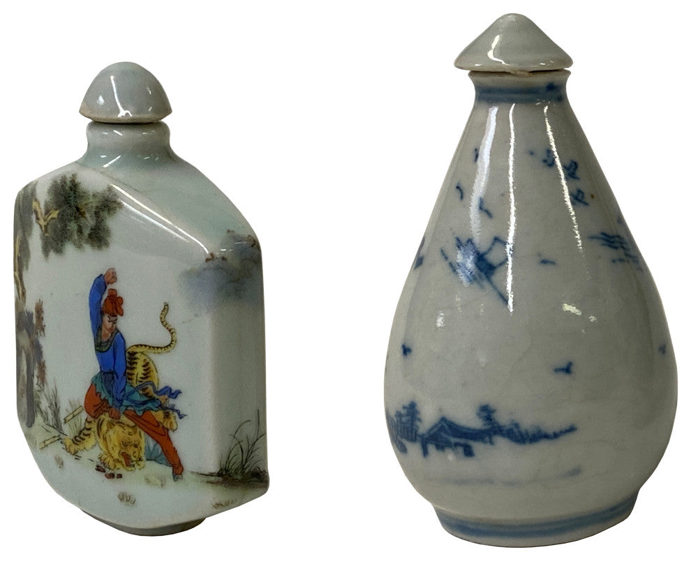 Set of 2 Chinese Porcelain Snuff Bottle Blue White Color Scenery Graphic Hws2457