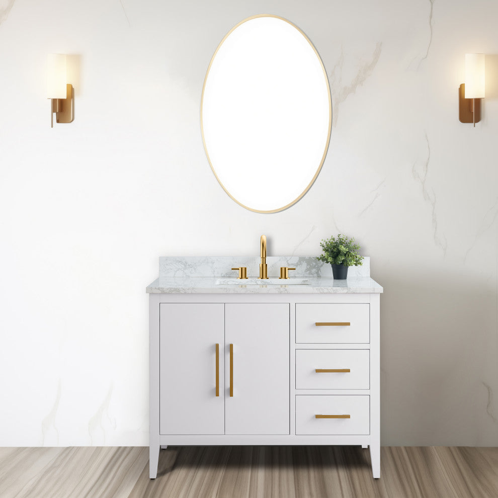 Vanity Art Bathroom Vanity With Sink, White, 42", Single Sink, Golden Brushed