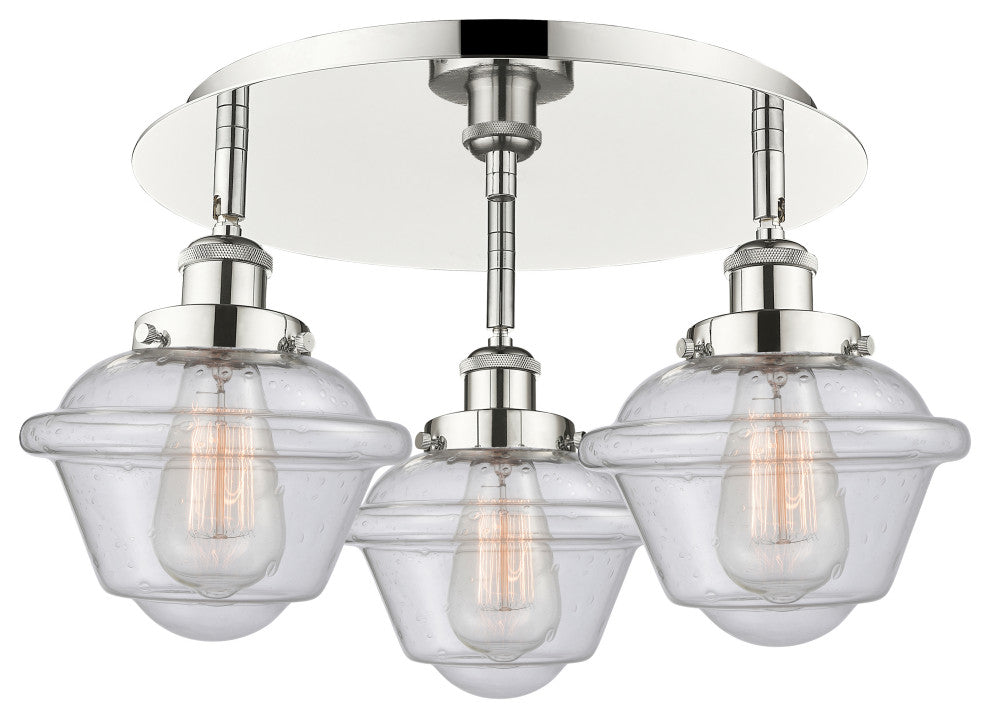 Oxford-3 Light 18" Flush Mount-Polished Nickel, Seedy Glass Shade
