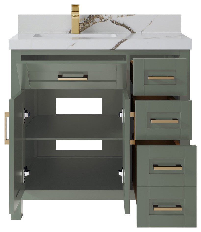 Cambridge 36" Left Offset Bath Vanity in Evergreen 2" Calacatta Gold