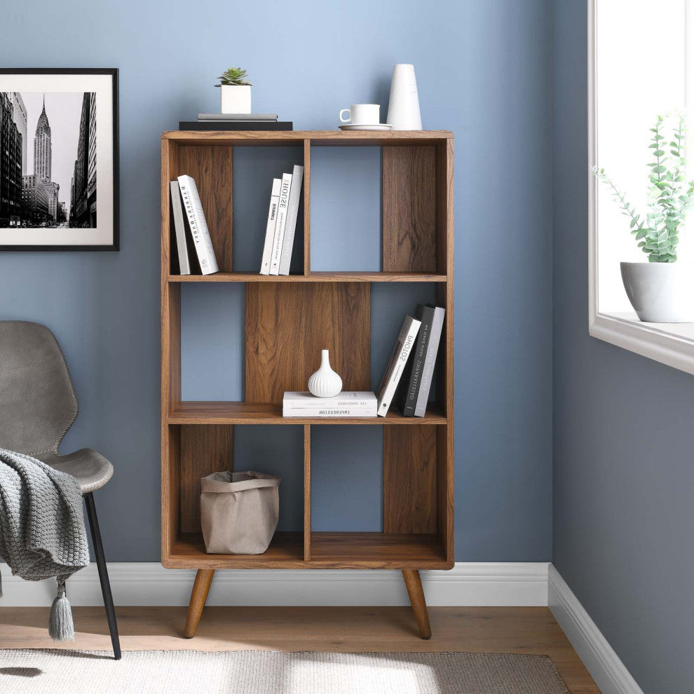Bookcase Wall Shelf Rack, Walnut, Wood, Modern, Mid Century Hotel Lounge Cafe