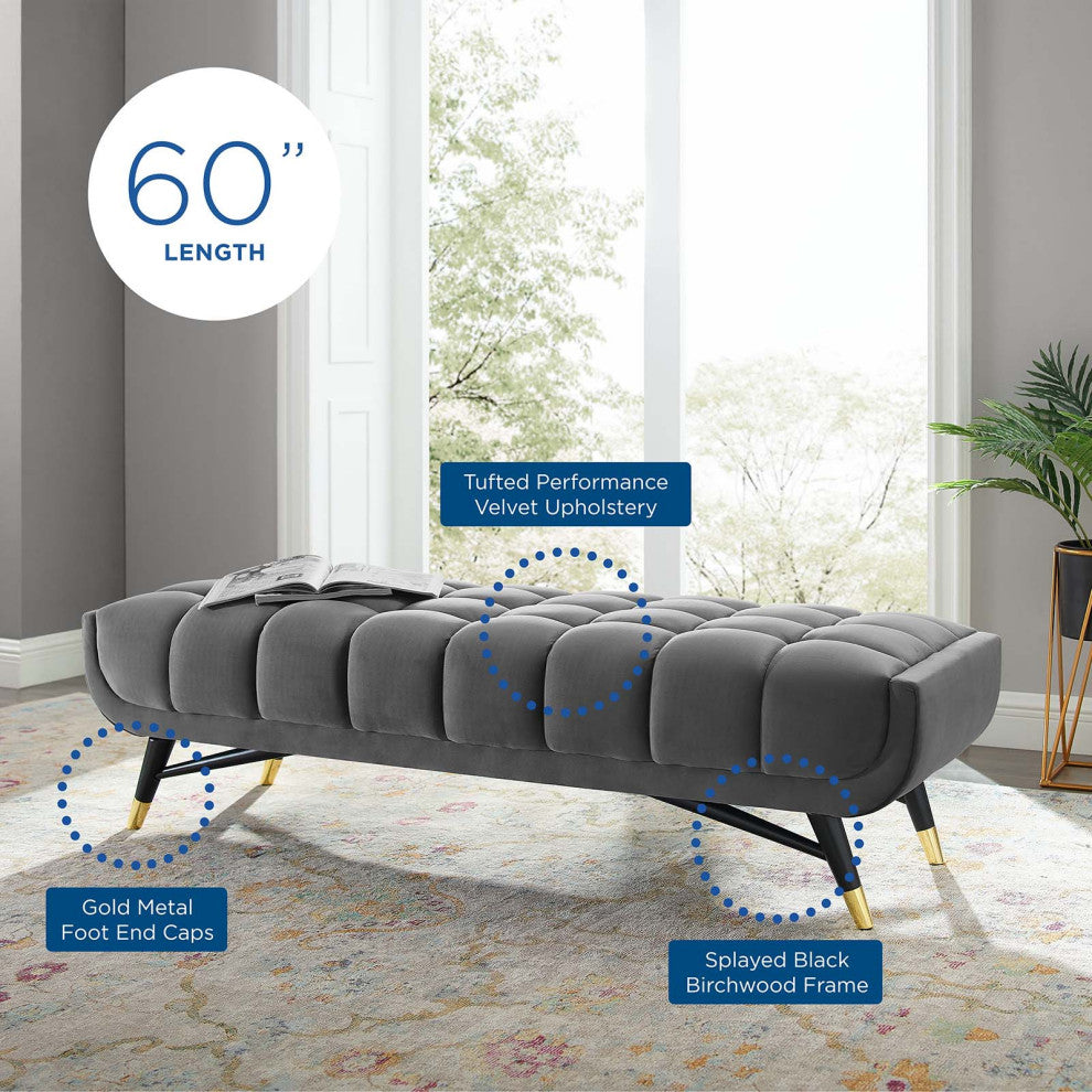 Accent Chair Bench, Velvet, Gray, Modern, Living Lounge Hotel Hospitality