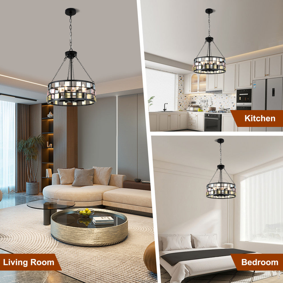 20" Modern Tiffany DIY Chandelier, 6-Light w 24" Adjustable Hanging Chain, Weathered Wood