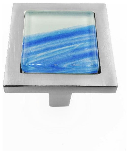 Hand Brushed Blue Tilted Stroke Crystal Glass Brushed Nickel Square Manor Knob