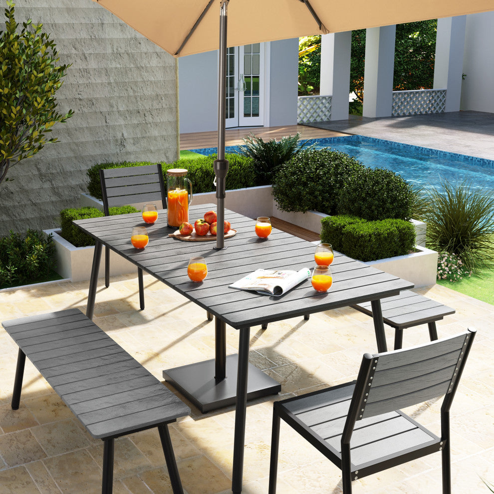 5-Piece Gray Outdoor Patio Set Dining Chairs Table With Umbrella Hole, Gray