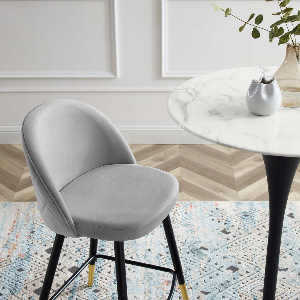 Counter Stool Chair, Set of 2, Velvet, Metal, Gray, Modern, Bar Pub Bistro