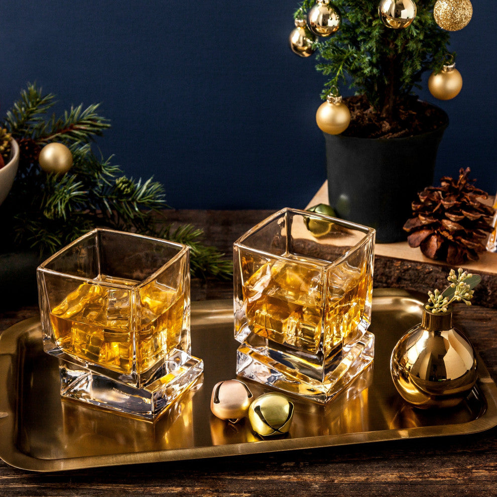 Carre Square Heavy Base Crystal Whiskey Glasses 10 oz, Set of 2