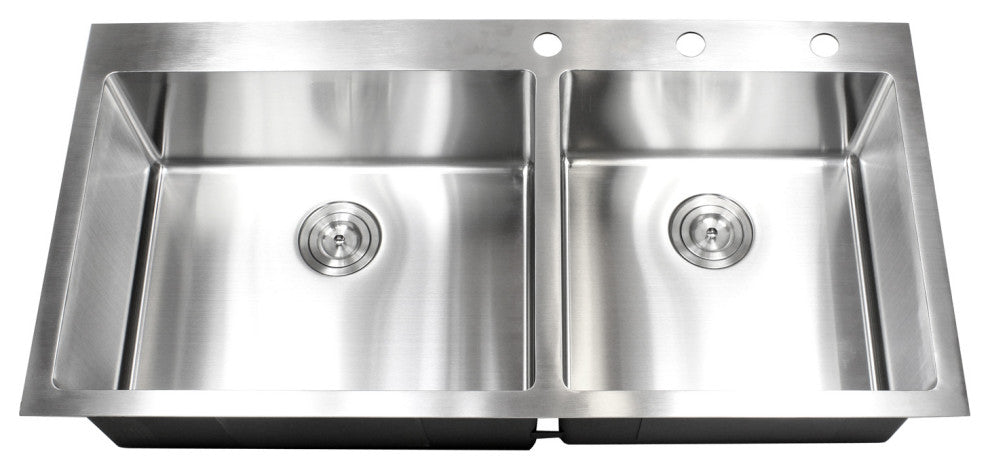 42-7/8" Topmount 16 Gauge Double Bowl, Sink With Faucet and Strainer