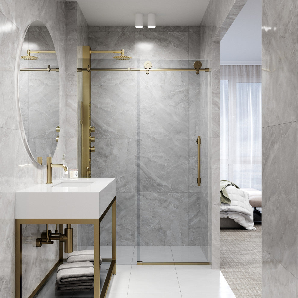 VIGO Elan Hart 56" to 60" W x 76" H Frameless Sliding Shower Door, Matte Brushed Gold, Clear Glass
