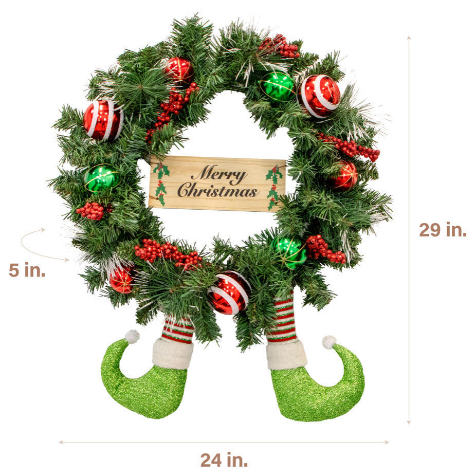 24" Elf Boots Pine Wreath With Berries, Balls, and Merry Xmas Sign