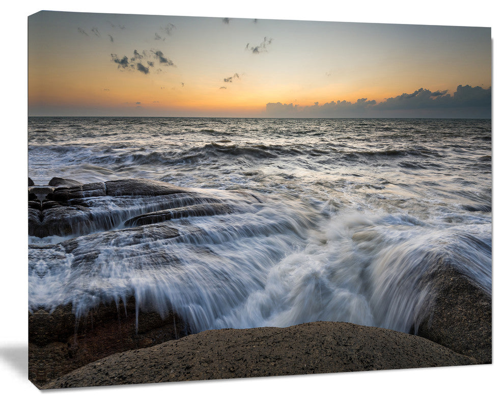 Troubled Sunset Sea Waves, Beach Photo Canvas Print, 20"x12"