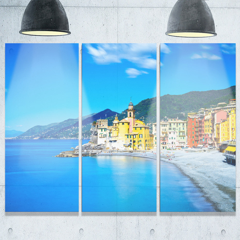 "Camogli Church on Sea and Beach View" Metal Wall Art, 3 Panels, 36"x28"