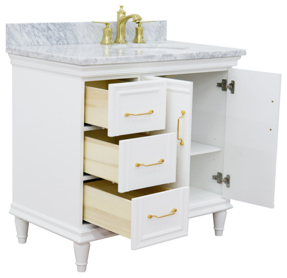 37" Single Vanity, White Finish With White Carrara