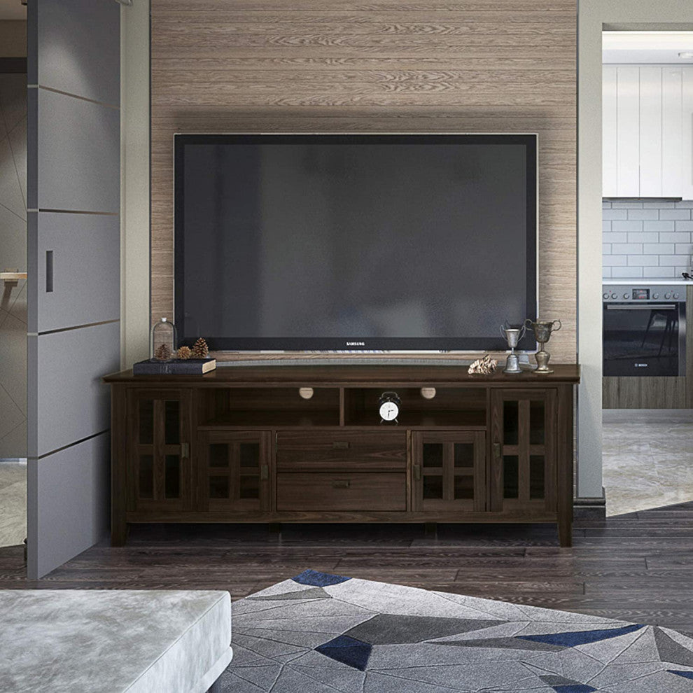 Contemporary TV Stand, Storage Glass Doors and Open Compartments, Tobacco Brown