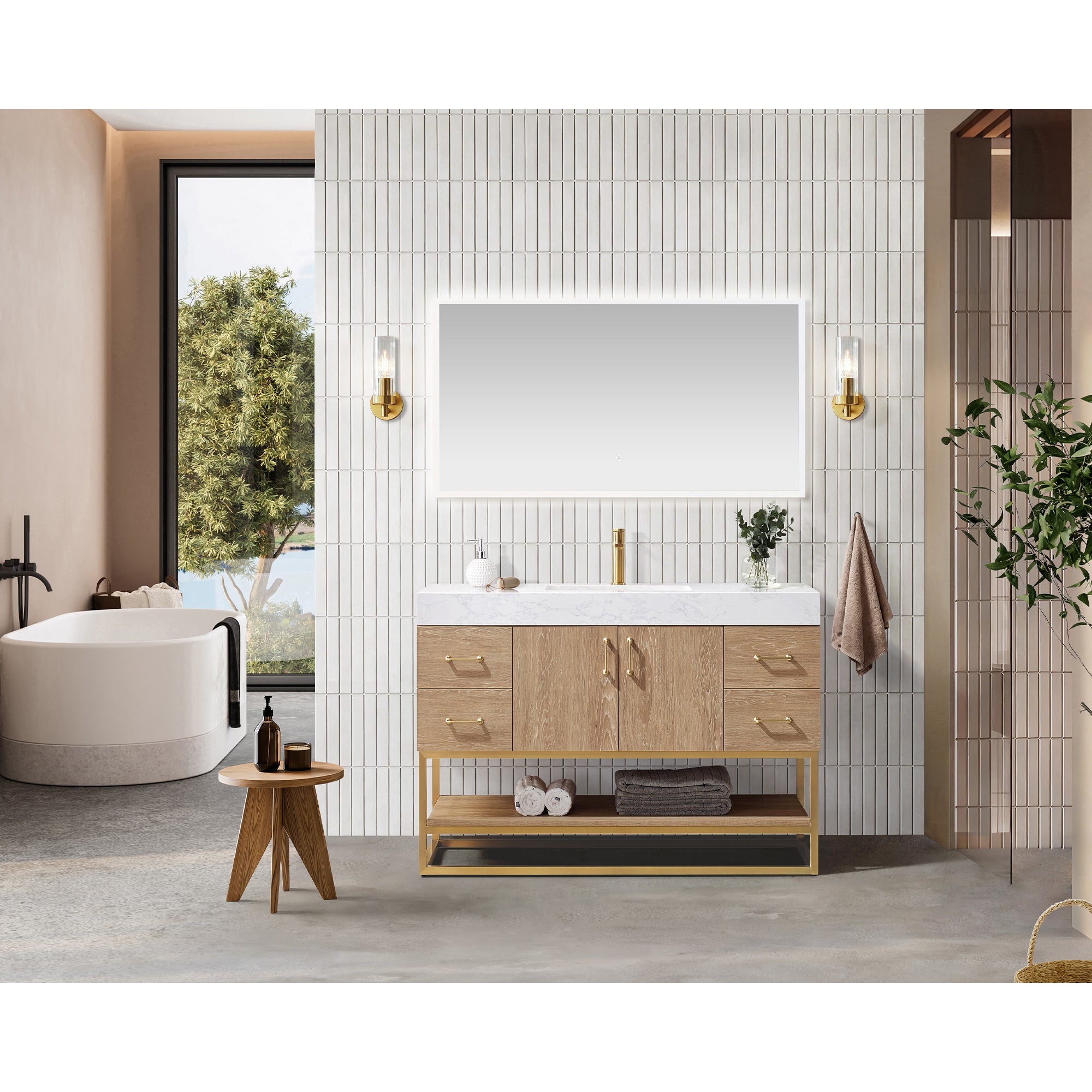 Bahia Bath Vanity, Oak, 48", Brushed Gold Hardware, Single, Freestanding