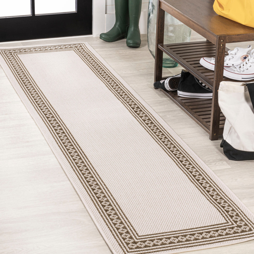 Lucia Classic Diamond Border Indoor/Outdoor Area Rug, Cream/Black, 2x8