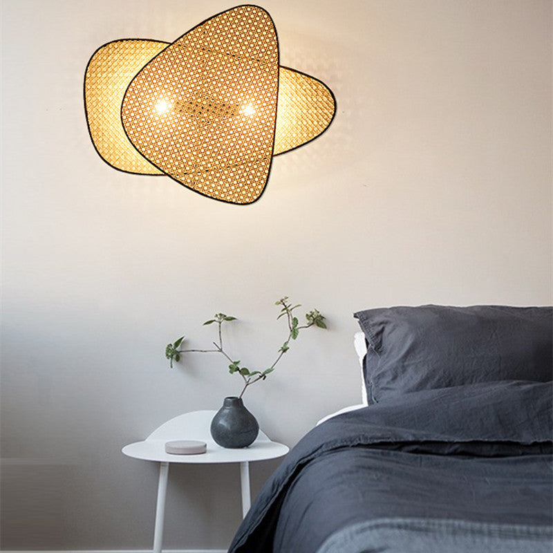 French Designer Wall Lamp with Hand Made Rattan Wicker for Bedroom, Double Head, Warm Light
