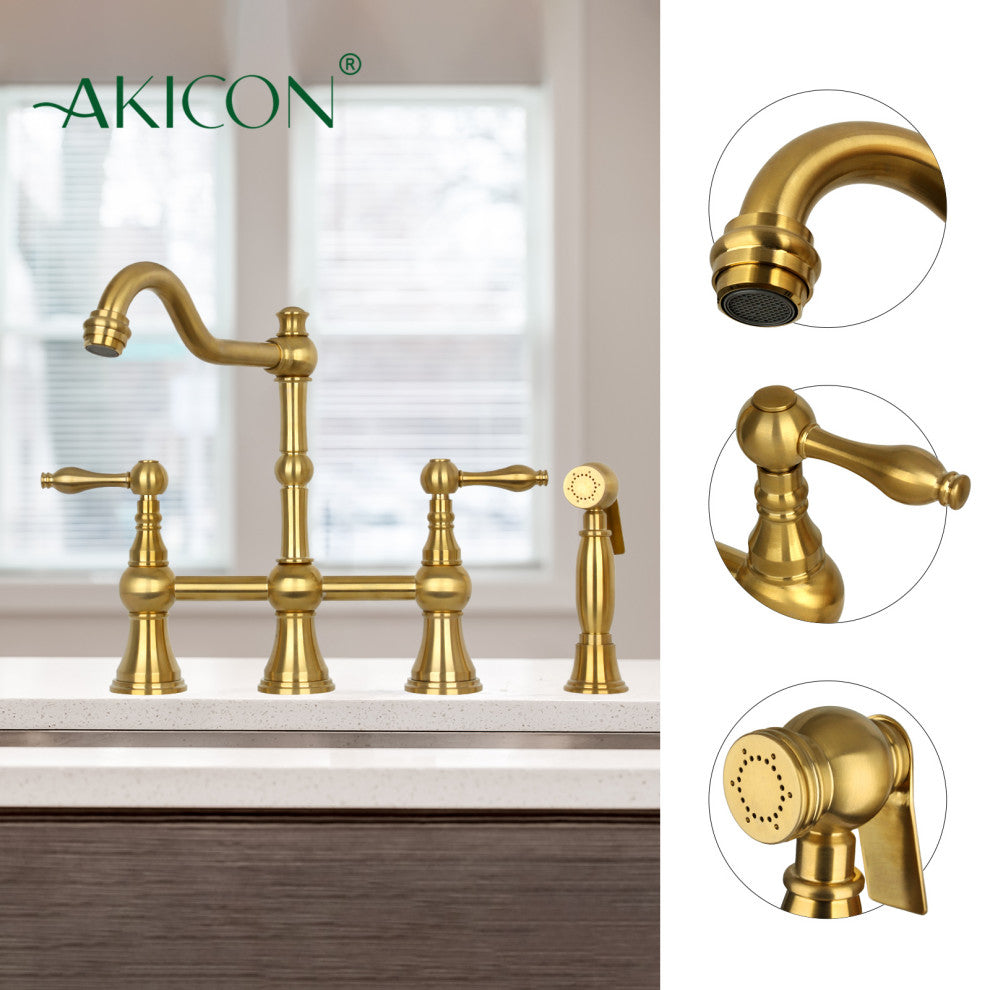 Two-Handles Copper Bridge Kitchen Faucet with Side Sprayer, Brushed Gold