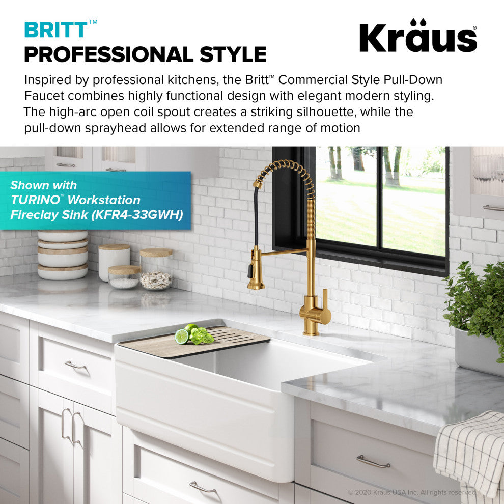 Britt Commercial Style 3-Function Pull-Down 1-Handle 1-Hole Kitchen Faucet, Brushed Brass (Model Kpf-1691bb)