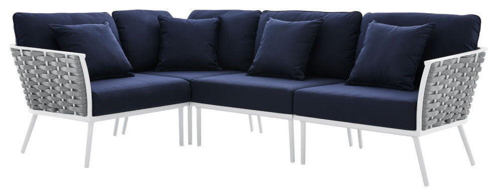Lounge Sectional Sofa Chair Set, Navy White, Aluminum, Modern, Outdoor Patio