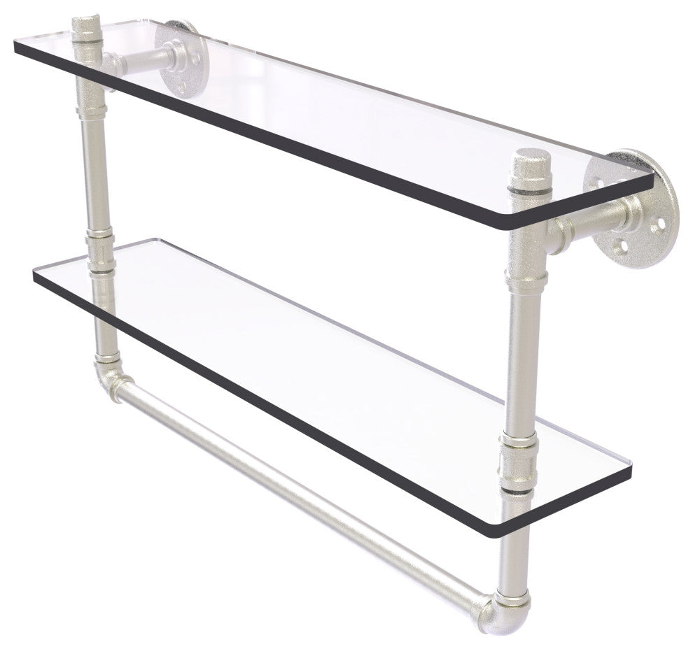 Pipeline Doulbe Glass Shelf with Towel Bar, Satin Nickel, 22"