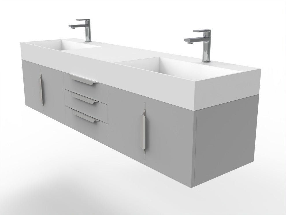 CastelloUSA Amazon 72" Wall Mounted Vanity Set, Gray, White Top, Brushed Nickel