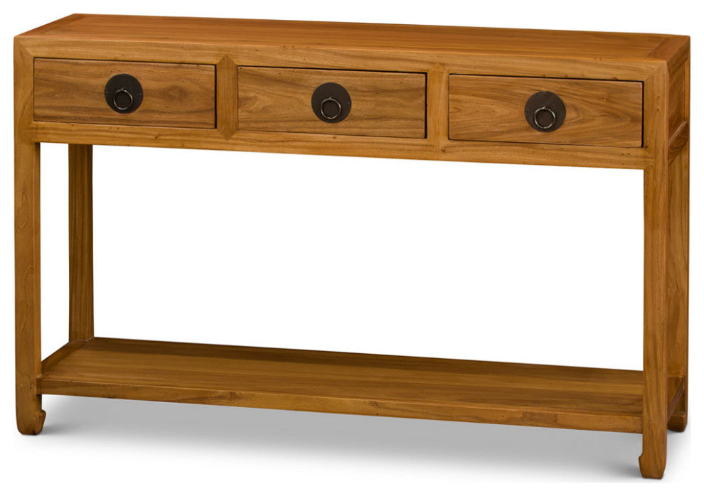 Natural Elmwood Chinese Ming Console Table with 3 Drawers and Shelf