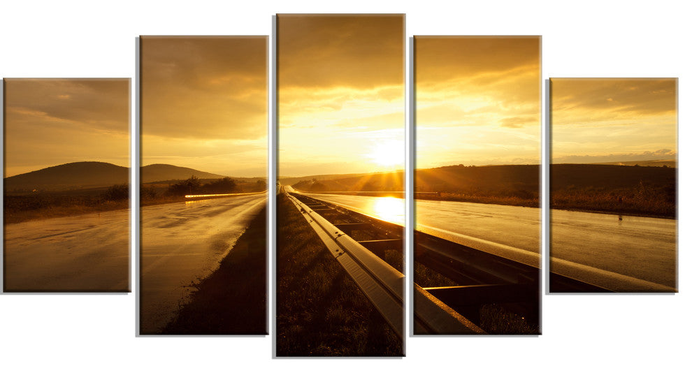 "Wet After Rain Road At Sunset" Extra Large Wall Art Landscape, 5Panel, 60"x32"