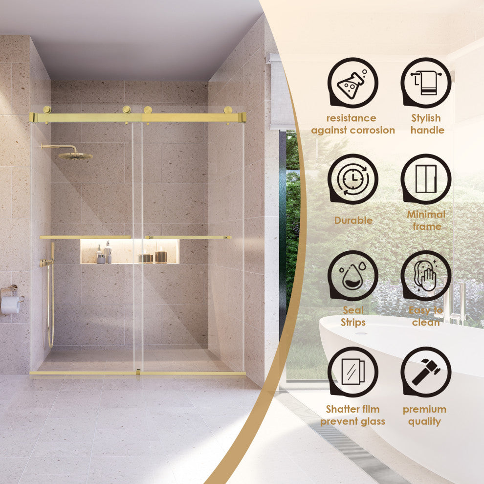 Frameless Exposed Roller Shower Door, Brushed Gold, 60" W X 76" H
