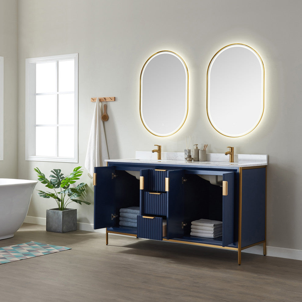 Granada Vanity With White Composite Stone Top, Royal Blue, 60", With Mirror