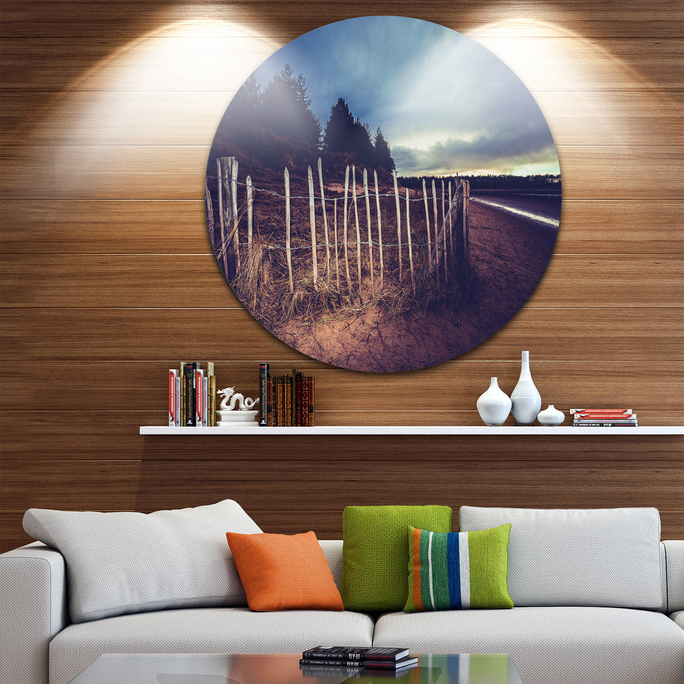 Old Fence On Beach At Sunset, Landscape Round Wall Art, 23"