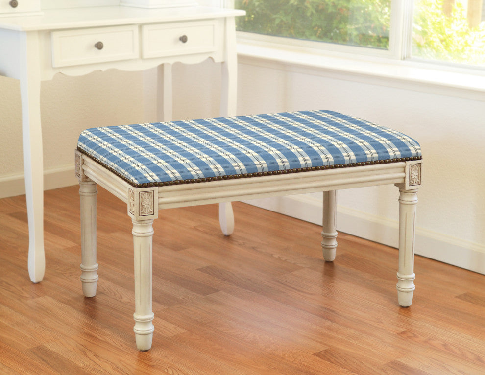 Blue Plaid Upholstered Wooden Bench, Antique White Wash